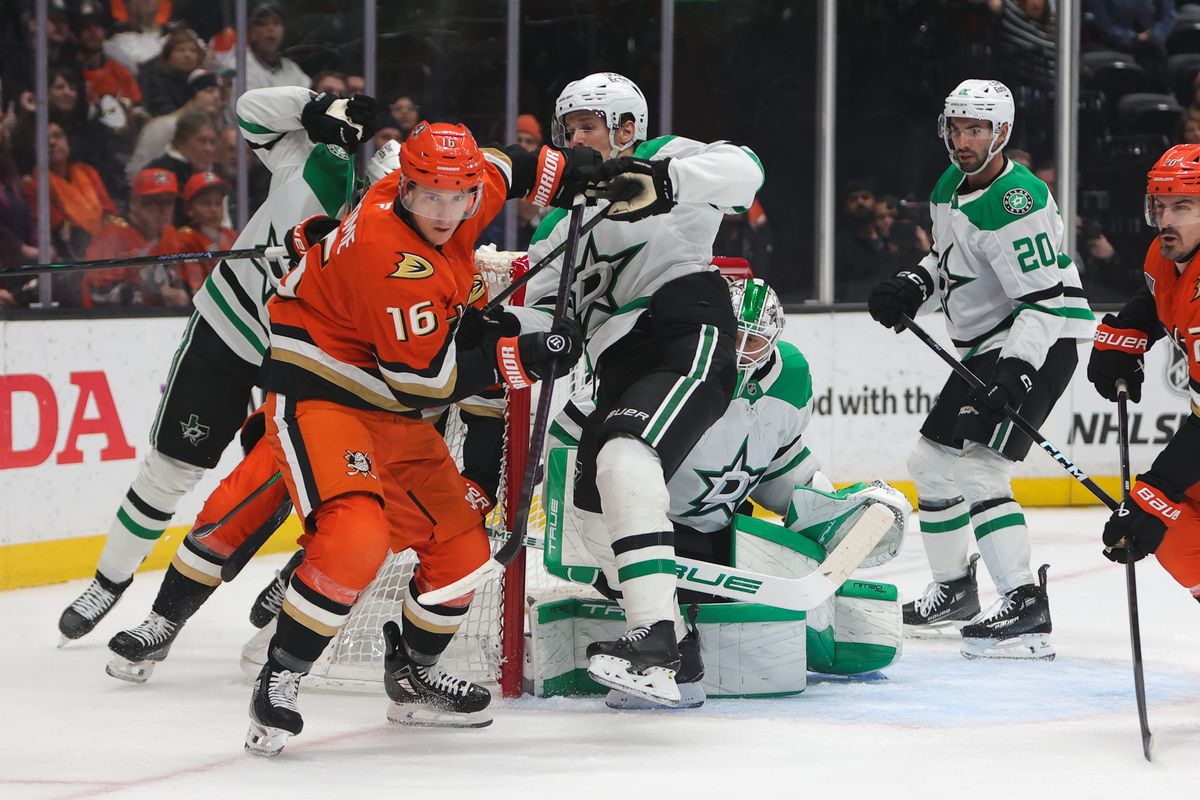 Anaheim Ducks center Ryan Strome (16) battles for position in front of the net during an NHL game against the Dallas Stars on January 13, 2026 in Anaheim, CA.