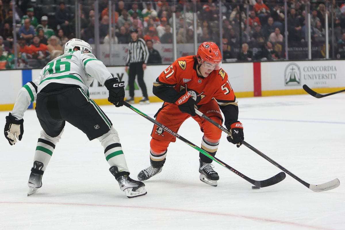 Anaheim Ducks defenseman Olen Zellweger (51) skates with the puck during an NHL game against the Dallas Stars on January 13, 2026 in Anaheim, CA.