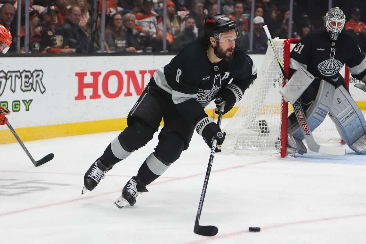 Los Angeles Kings defenseman Drew Doughty (8) skates with the puck during an NHL game against the Anaheim Ducks on January 17, 2026 in Anaheim, CA.