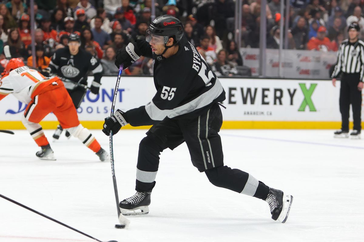 Los Angeles Kings right wing Quinton Byfield (55) takes a shot on goal during an NHL game against the Anaheim Ducks on January 17, 2026 in Anaheim, CA.