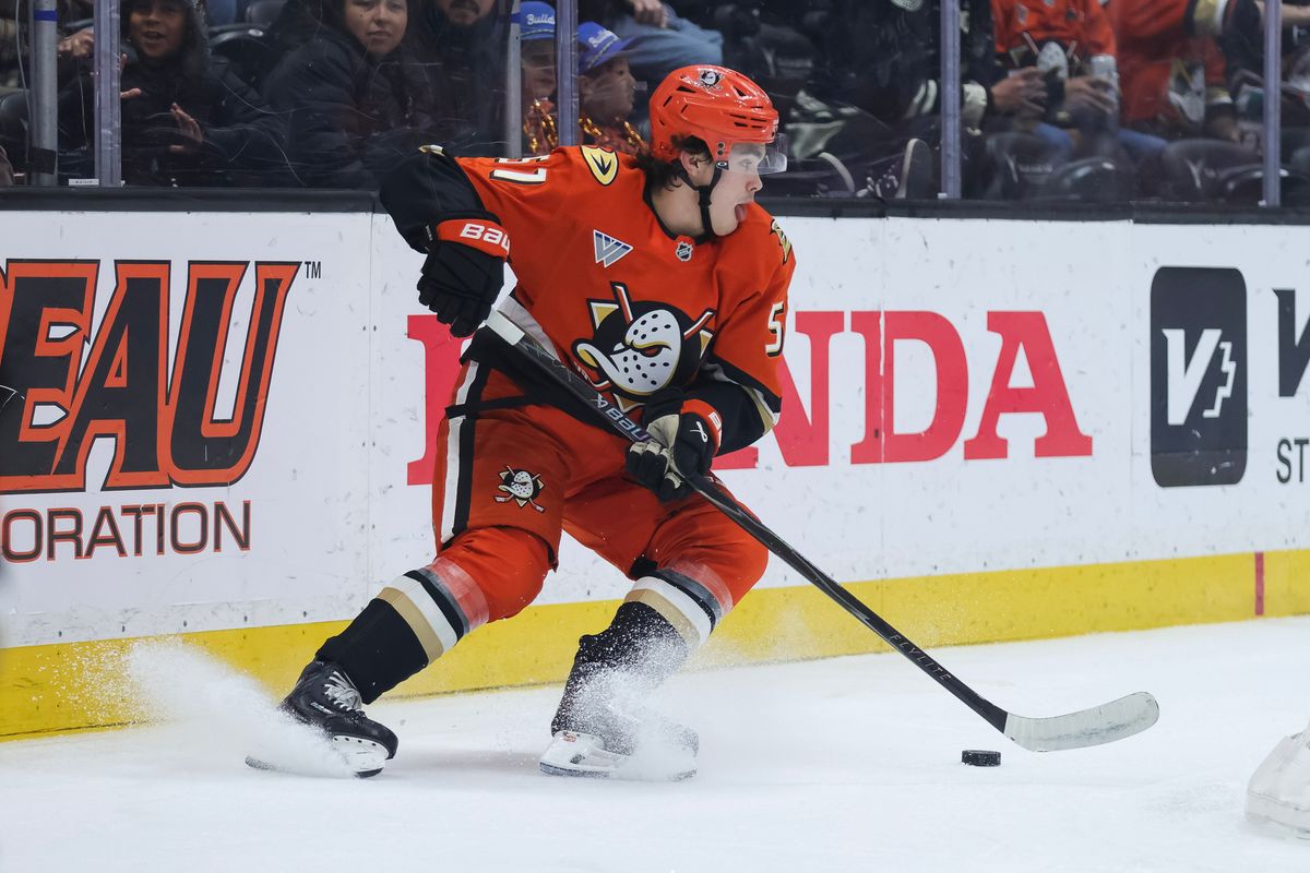 Anaheim Ducks defenseman Olen Zellweger (51) with the puck during the NHL game against the New York Rangers, Monday January 19th, 2026 at Honda Center in Anaheim, Calif.