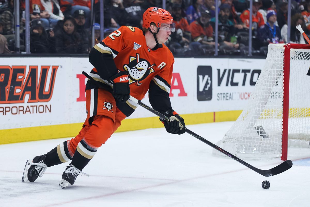 Anaheim Ducks defenseman Jackson LaCombe (2) with the puck during the NHL game against the New York Rangers, Monday January 19th, 2026 at Honda Center in Anaheim, Calif.