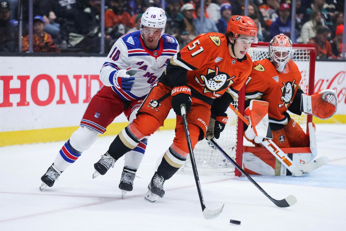 Anaheim Ducks defenseman Olen Zellweger (51) controls the puck during the NHL game against the New York Rangers, Monday January 19th, 2026 at Honda Center in Anaheim, Calif.
