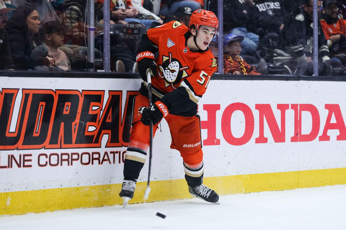 Anaheim Ducks defenseman Olen Zellweger (51) controls the puck during the NHL game against the New York Rangers, Monday January 19th, 2026 at Honda Center in Anaheim, Calif.