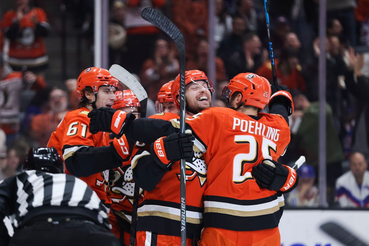 Anaheim Ducks left wing Jeffrey Viel (28) celebrates with his teammates after scoring during the NHL game against the New York Rangers, Monday January 19th, 2026 at Honda Center in Anaheim, Calif.