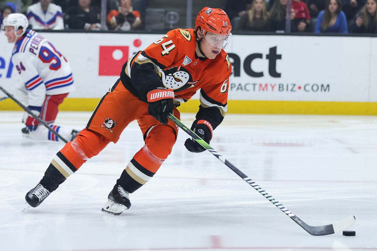 Anaheim Ducks center Mikael Granlund (64) with the puck during the NHL game against the New York Rangers, Monday January 19th, 2026 at Honda Center in Anaheim, Calif.