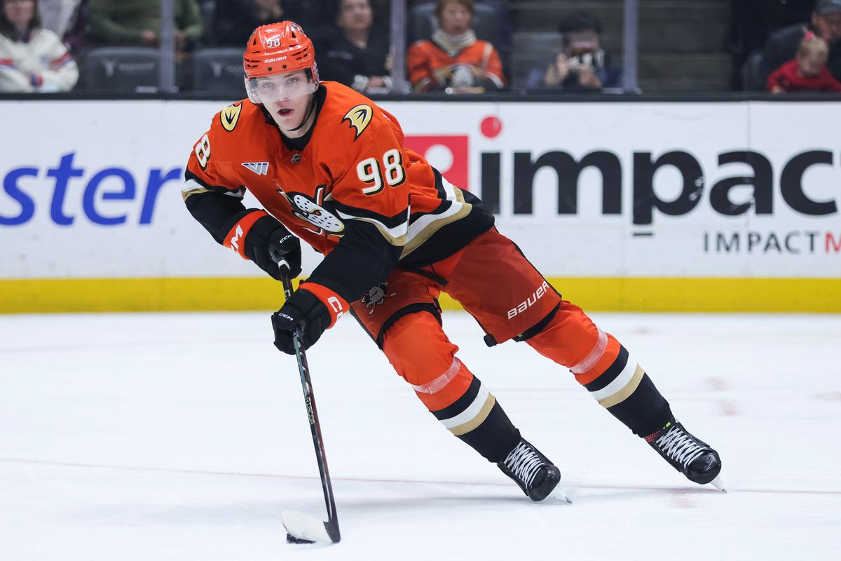 Anaheim Ducks defenseman Pavel Mintyukov (98) with the puck during the NHL game against the New York Rangers, Monday January 19th, 2026 at Honda Center in Anaheim, Calif.