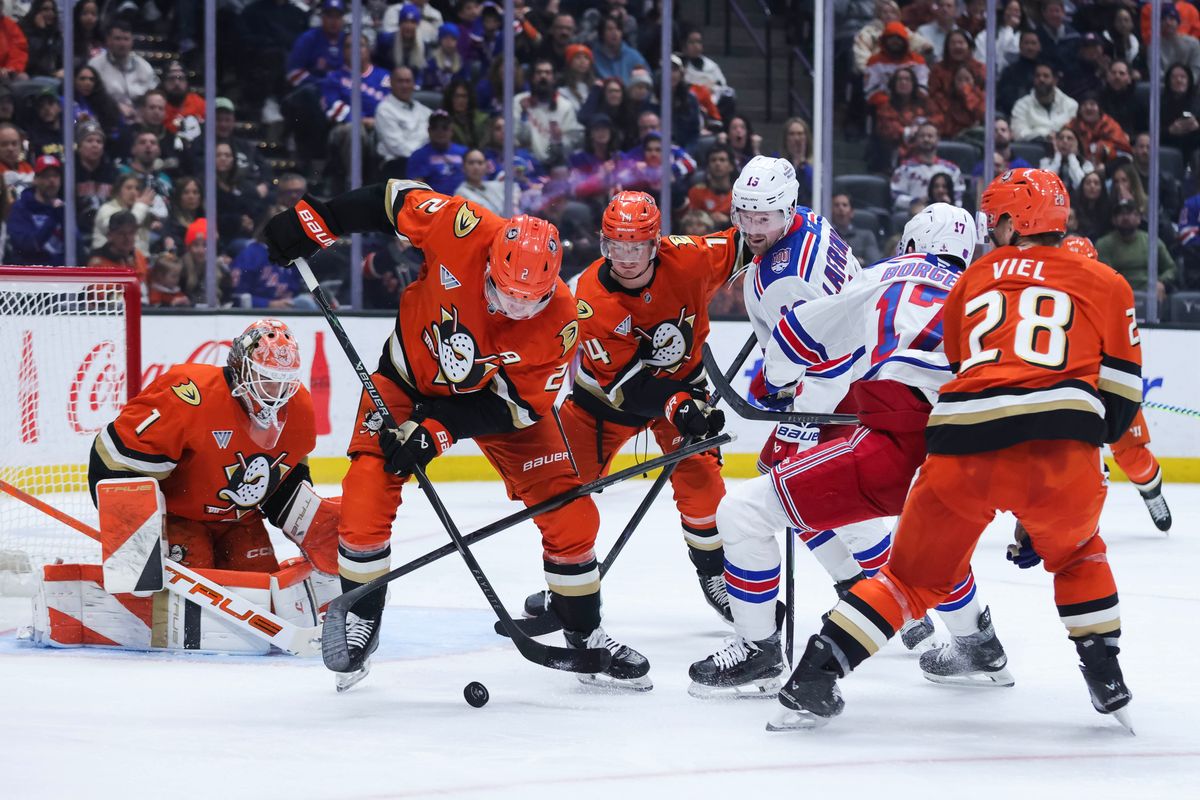 Anaheim Ducks defenseman Jackson LaCombe (2) battles for the puck during the NHL game against the New York Rangers, Monday January 19th, 2026 at Honda Center in Anaheim, Calif.