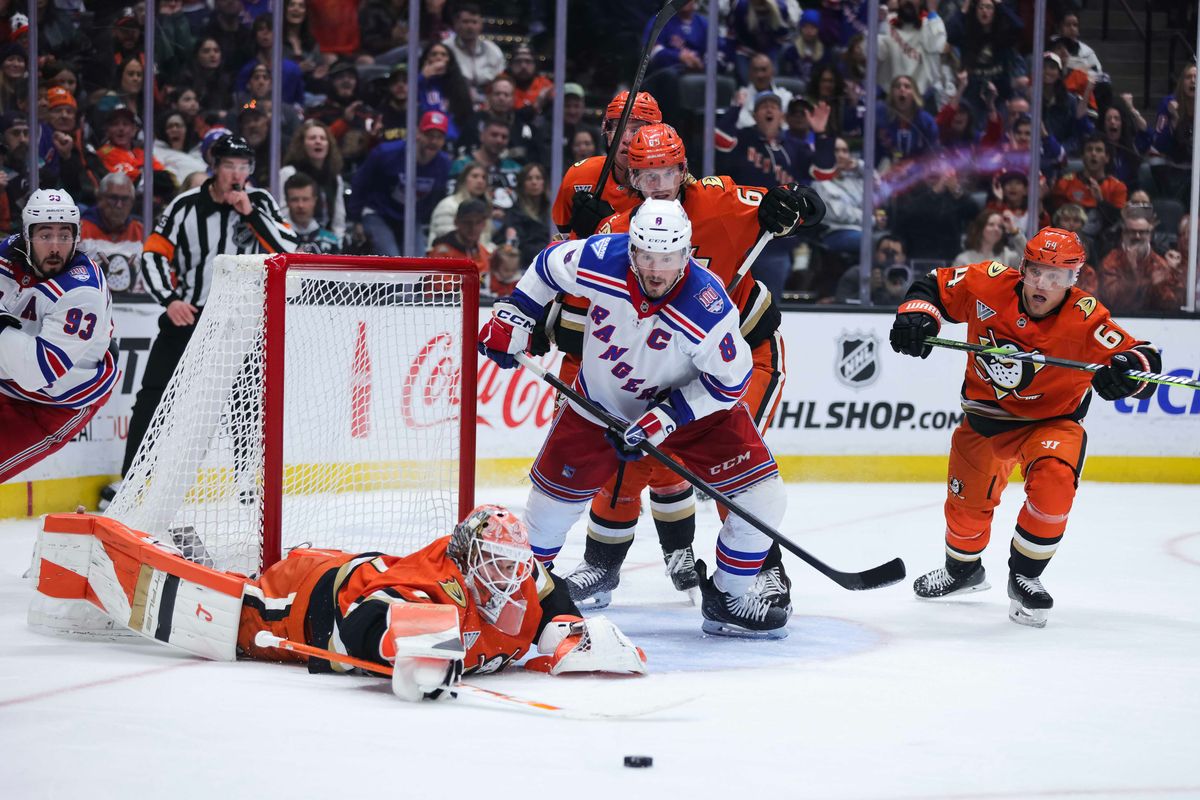 Anaheim Ducks block the puck during the NHL game against the New York Rangers, Monday January 19th, 2026 at Honda Center in Anaheim, Calif.
