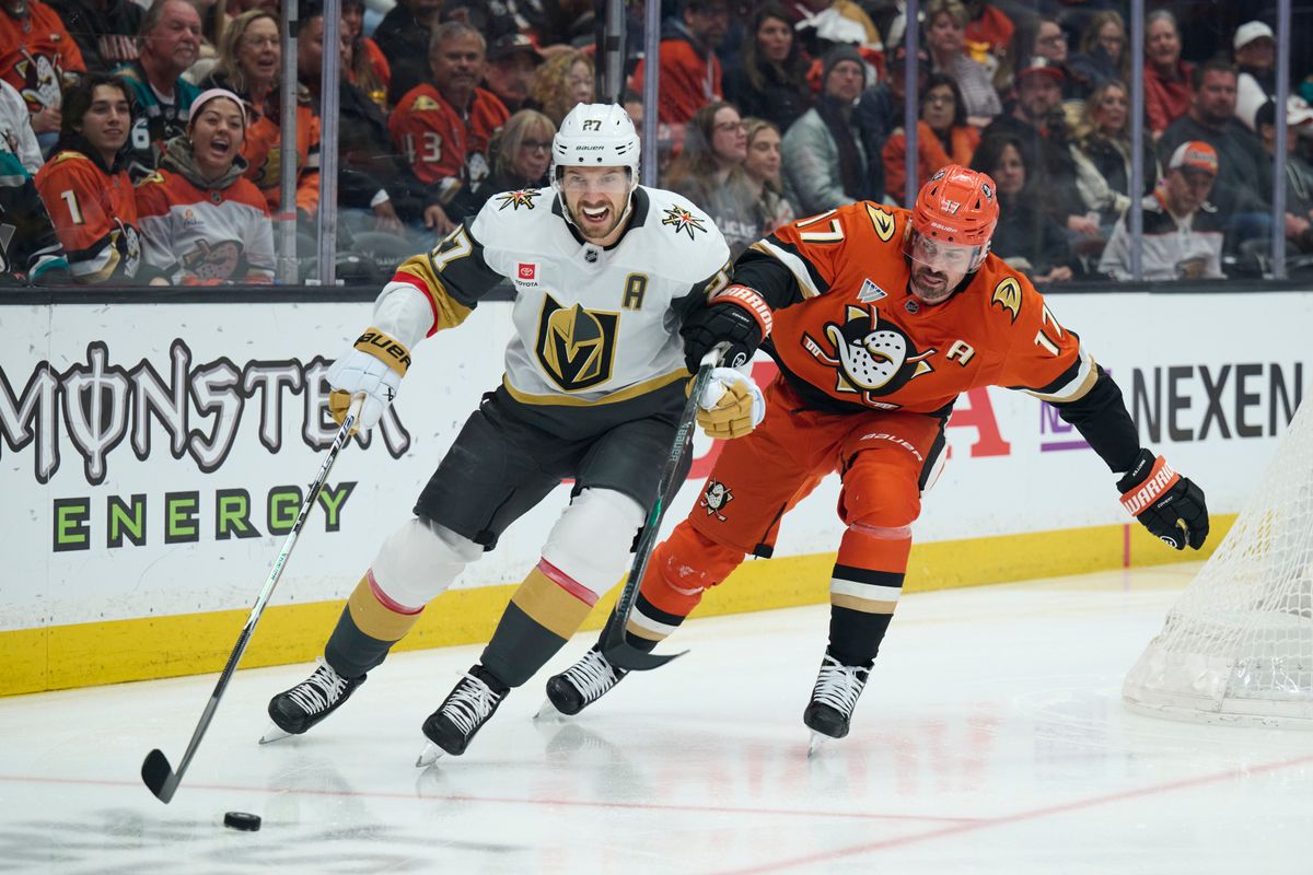 The Anaheim Ducks left wing Alex Killorn (17) fights for the puck against The Las Vegas Golden Knights February 1st, 2026 in Anaheim California.