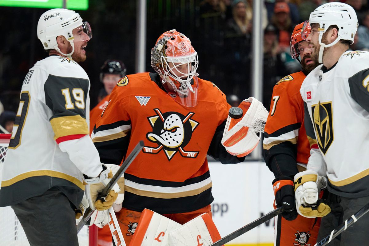 The Anaheim Ducks Goalie Lukas Dostal (1) shows a goal save against The Las Vegas Golden Knights February 1st, 2026 in Anaheim California.