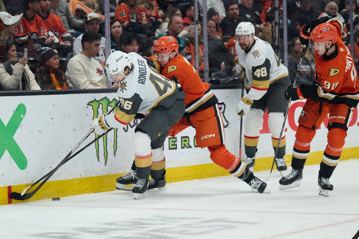 The Anaheim Ducks defender Ian Moore (74) fights for the puck against The Las Vegas Golden Knights February 1st, 2026 in Anaheim California.