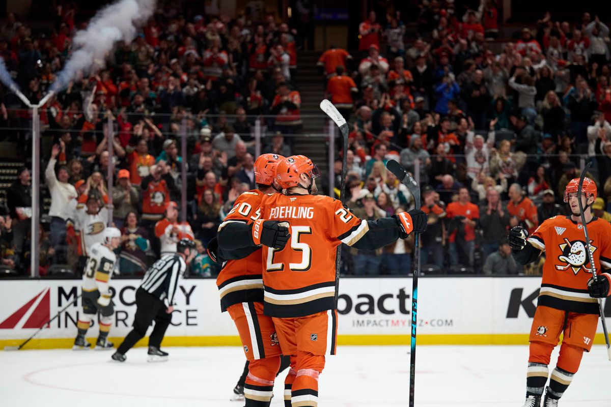 The Anaheim Ducks center Ryan Poehling (25) and left wing Chris kreider (20) celebrate a goal against The Las Vegas Golden Knights February 1st, 2026 in Anaheim California.