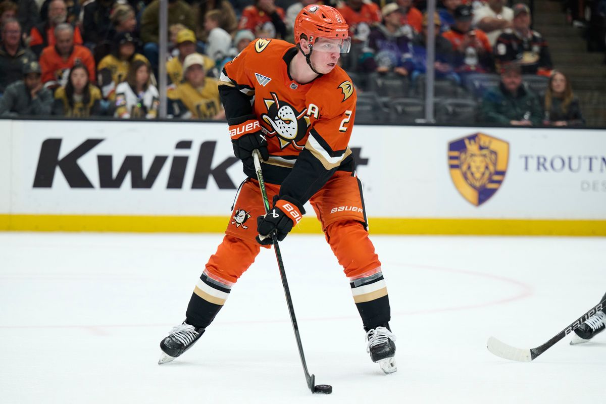 The Anaheim Ducks defender Jackson LaCombe (2) skates with the puck against The Las Vegas Golden Knights February 1st, 2026 in Anaheim California.