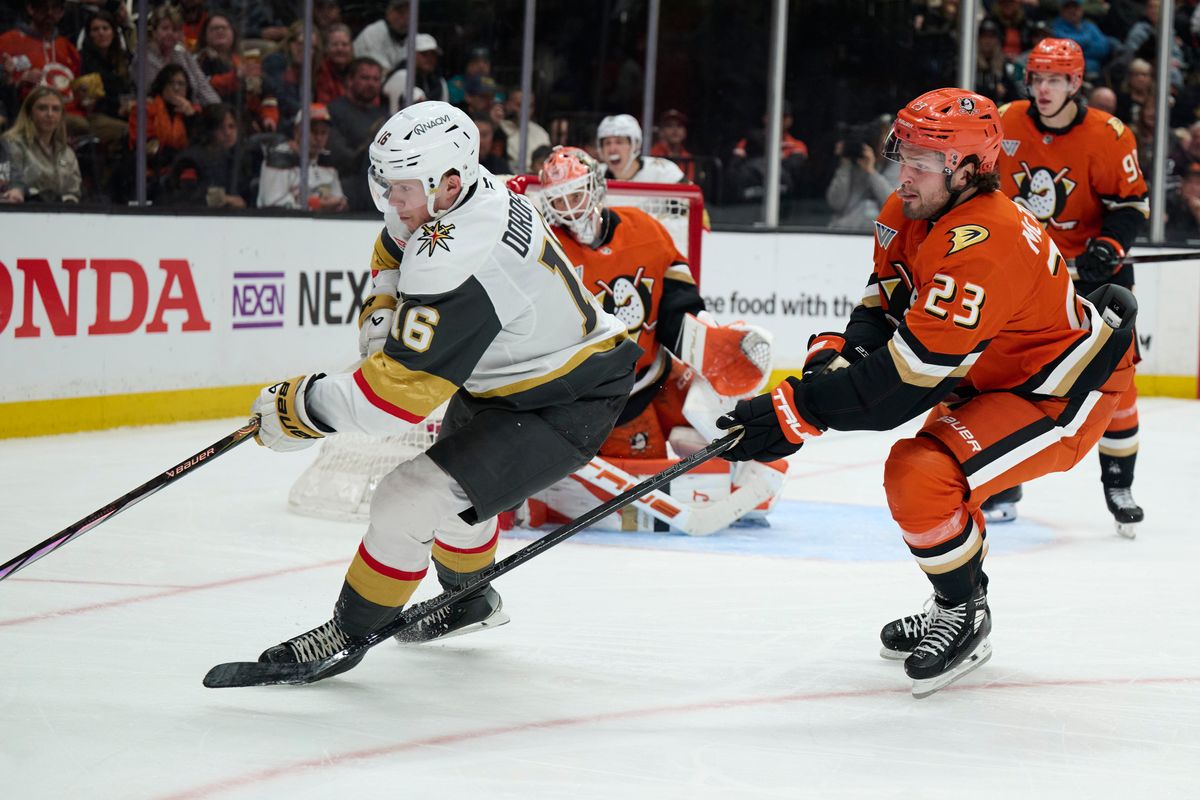 The Anaheim Ducks center Mason McTavish (23) fights for the puck against The Las Vegas Golden Knights February 1st, 2026 in Anaheim California.