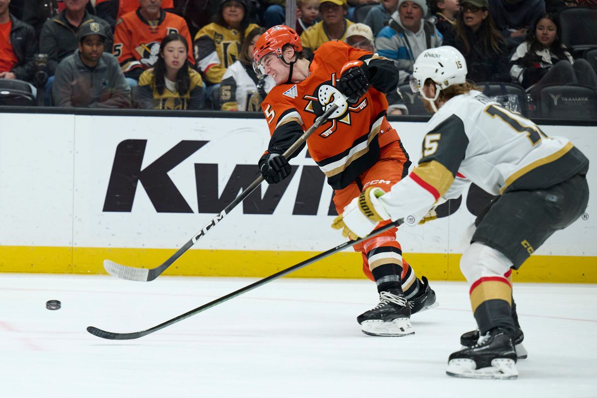 The Anaheim Ducks right wing Beckett Sennecke (45) shoots a goal attempt against The Las Vegas Golden Knights February 1st, 2026 in Anaheim California.
