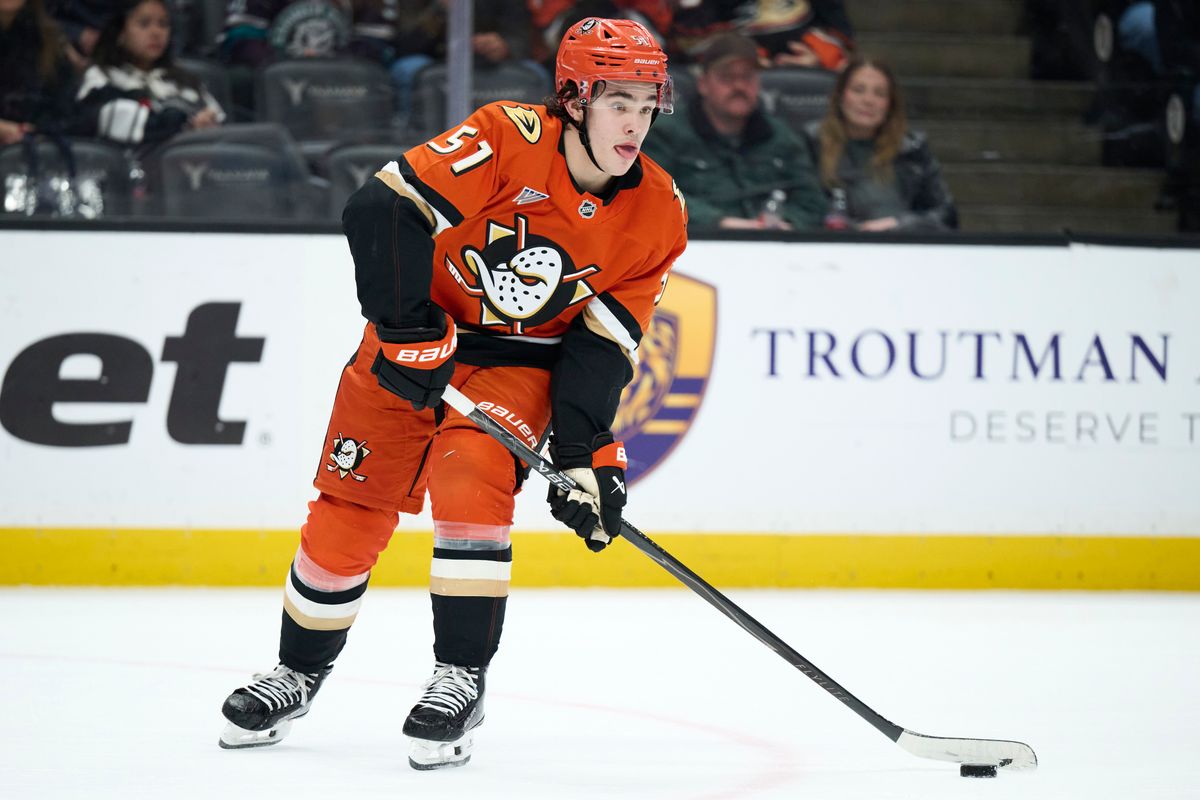 The Anaheim Duck defender Olen Zellweger (51) skates with the puck against The Las Vegas Golden Knights February 1st, 2026 in Anaheim California.