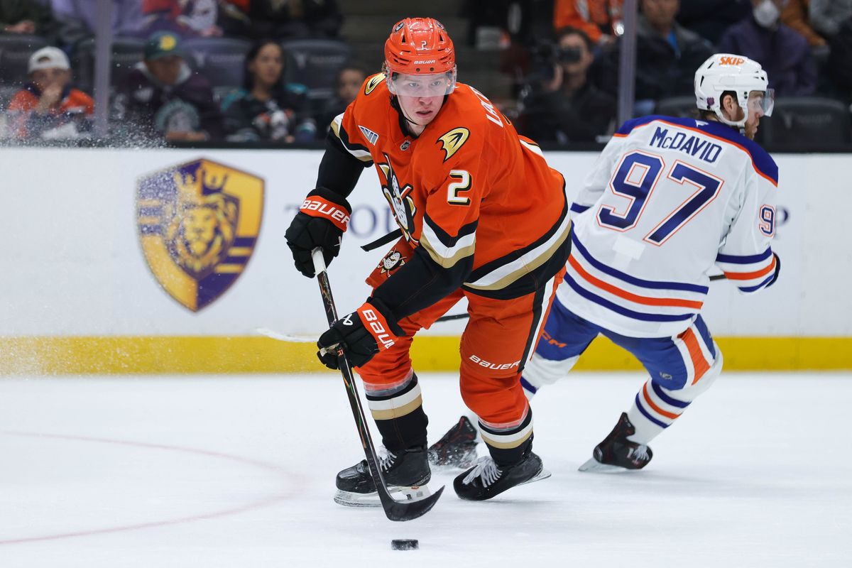 Anaheim Ducks defenseman Jackson LaCombe (2) skates with the puck during the NHL game against the Edmonton Oilers, Wednesday February 25th, 2026 at Honda Center in Anaheim, Calif. Anaheim Ducks defenseman Jackson LaCombe (2) skates with the puck during the NHL game against the Edmonton Oilers, Wednesday February 25th, 2026 at Honda Center in Anaheim, Calif.