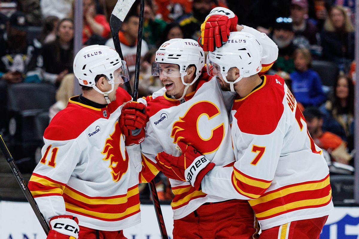 Calgary Flames center Yegor Sharangovich (17) celebrates after scoring a goal during an NHL match against the Anaheim Ducks on March 1, 2026 in Anaheim, California. Calgary Flames center Yegor Sharangovich (17) celebrates after scoring a goal during an NHL match against the Anaheim Ducks on March 1, 2026 in Anaheim, California.