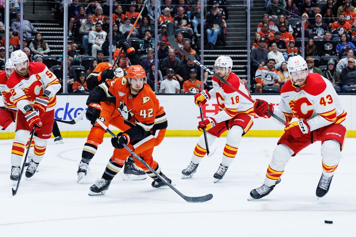 Anaheim Ducks center Tim Walshe (42) skates towards the puck during an NHL match against the Calgary Flames on March 1, 2026 in Anaheim, California. Anaheim Ducks center Tim Walshe (42) skates towards the puck during an NHL match against the Calgary Flames on March 1, 2026 in Anaheim, California.