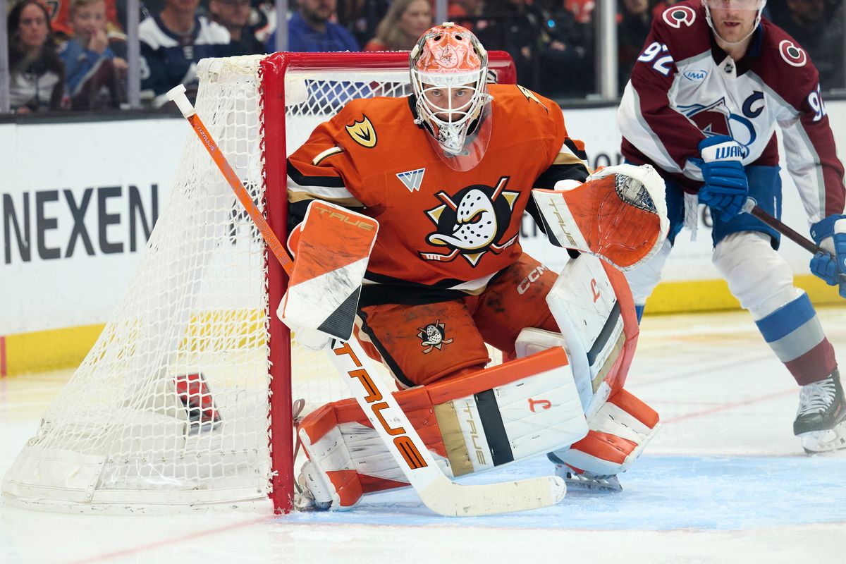 The Anaheim Ducks goaltender Lukas Dostal (1) defends the net during an NHL game against The Colorado Avalanche, March 3rd, 2026 in Anaheim California.