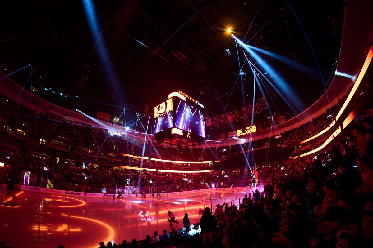 The Anaheim Ducks take the ice during an NHL game against The Colorado Avalanche, March 3rd, 2026 in Anaheim California.