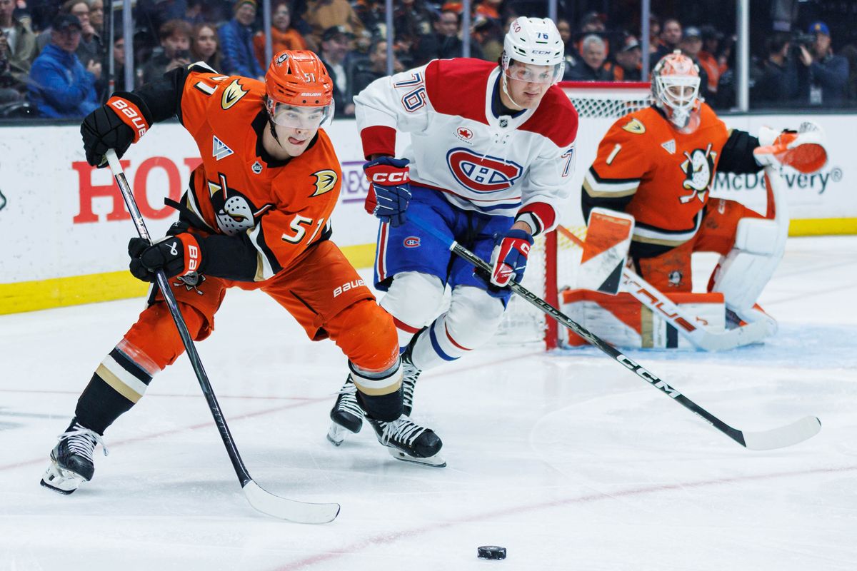Anaheim Ducks defenseman Olen Zellweger (51) defends the puck during an NHL match against the Montreal Canadiens on March 6, 2026 in Anaheim, California.