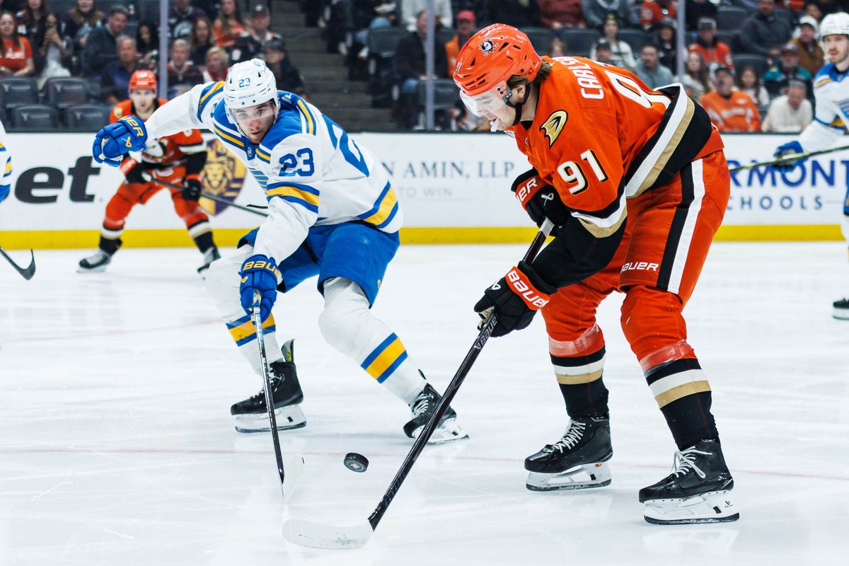 Anaheim Ducks center Leo Carlsson (91) defends the puck during an NHL match against the St. Louis Blues on March 8, 2026 in Anaheim, California.
