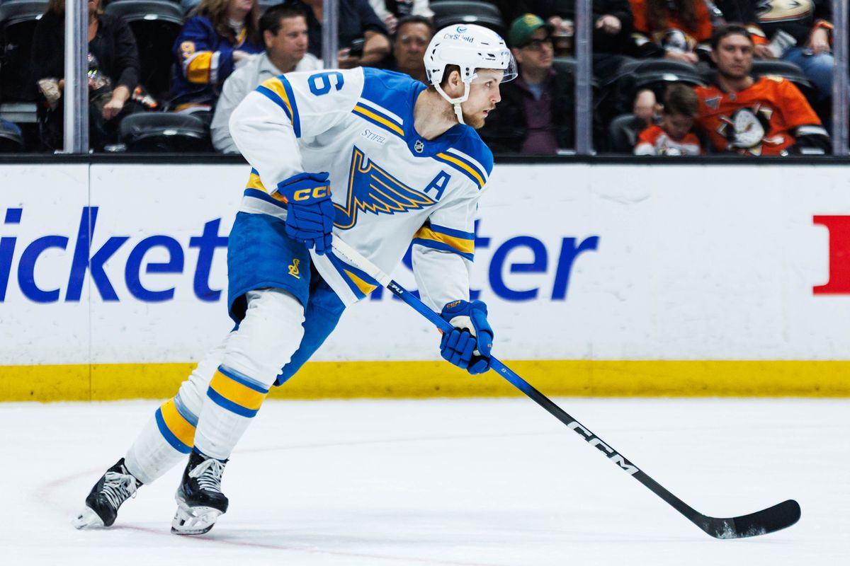 St. Louis Blues defenseman Philip Broberg (6) skates with the puck during an NHL match against the Anaheim Ducks on March 8, 2026 in Anaheim, California.