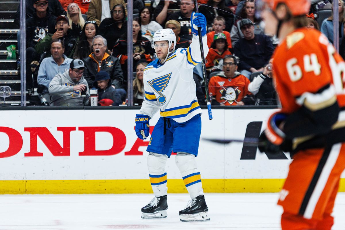St. Louis Blues left wing Johnathan Drouin (92) reacts after scoring a goal during an NHL match against the Anaheim Ducks on March 8, 2026 in Anaheim, California.