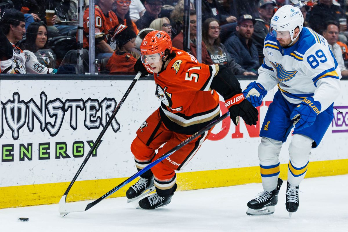 Anaheim Ducks defenseman Olen Zellweger (51) defends the puck during an NHL match against the St. Louis Blues on March 8, 2026 in Anaheim, California.