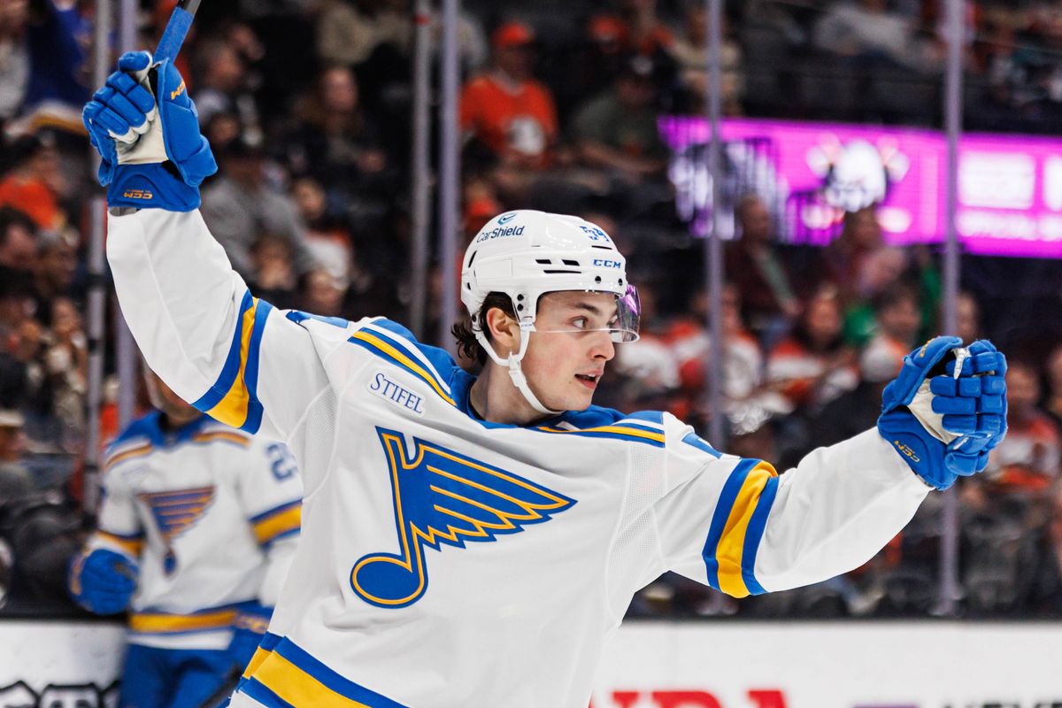 St. Louis Blues right wing Dalibor Dvorsky (54) celebrates after a goal was scored during an NHL match against the Anaheim Ducks on March 8, 2026 in Anaheim, California.
