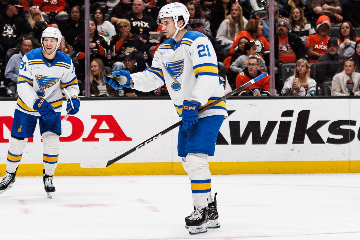 St. Louis Blues right wing Jimmy Snuggerud (21) reacts after scoring a goal during an NHL match against the Anaheim Ducks on March 8, 2026 in Anaheim, California.