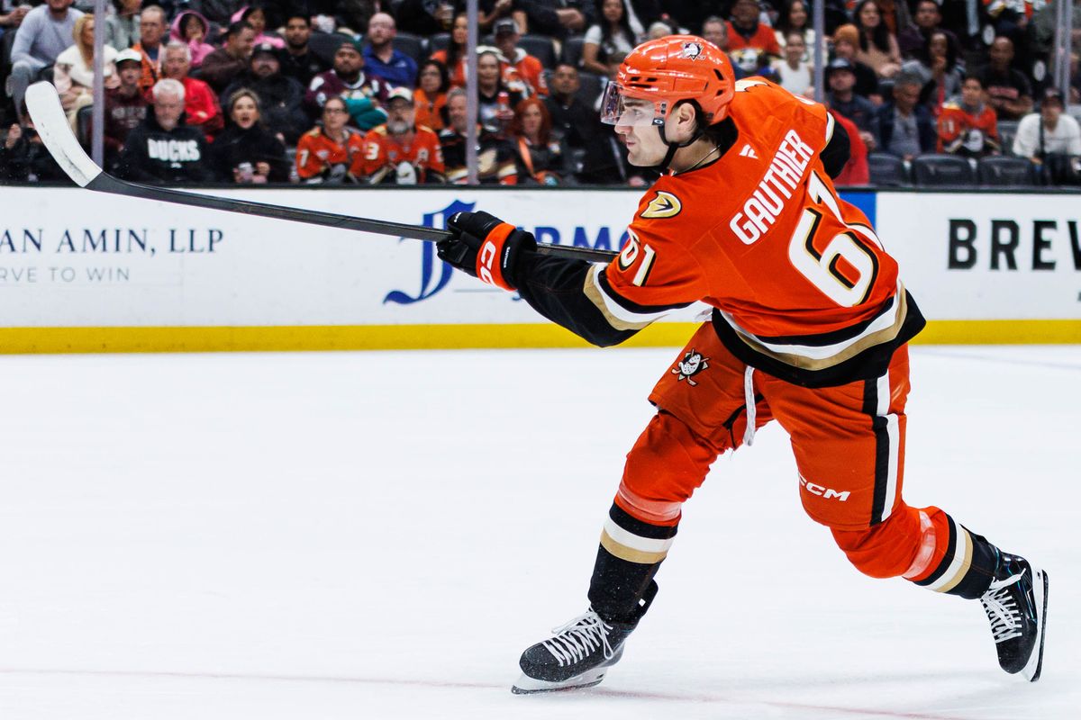 Anaheim Ducks left wing Cutter Gauthier (#61) shoots the puck during an NHL match against the Philadelphia Flyers on March 18, 2026 in Anaheim, California.