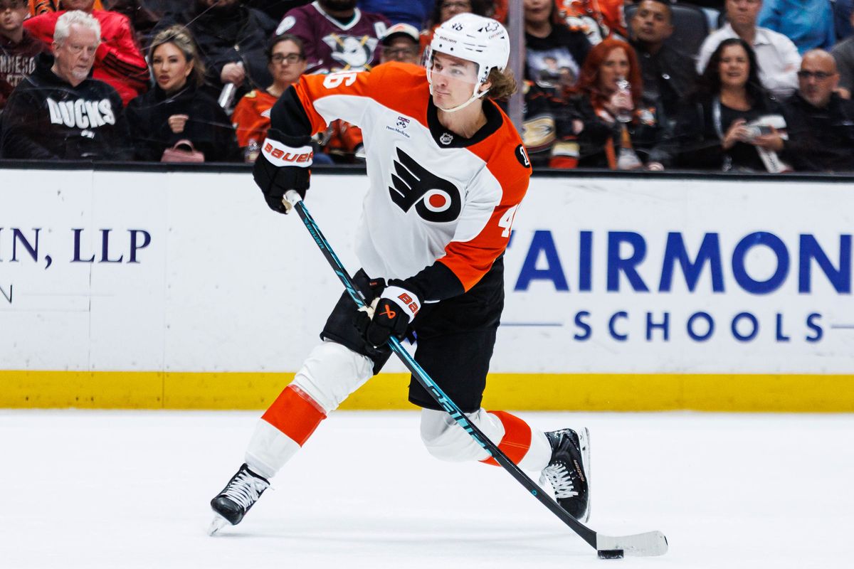 Philadelphia Flyers center Trevor Zegras (#46) shoots the puck during an NHL match against the Anaheim Ducks on March 18, 2026 in Anaheim, California.