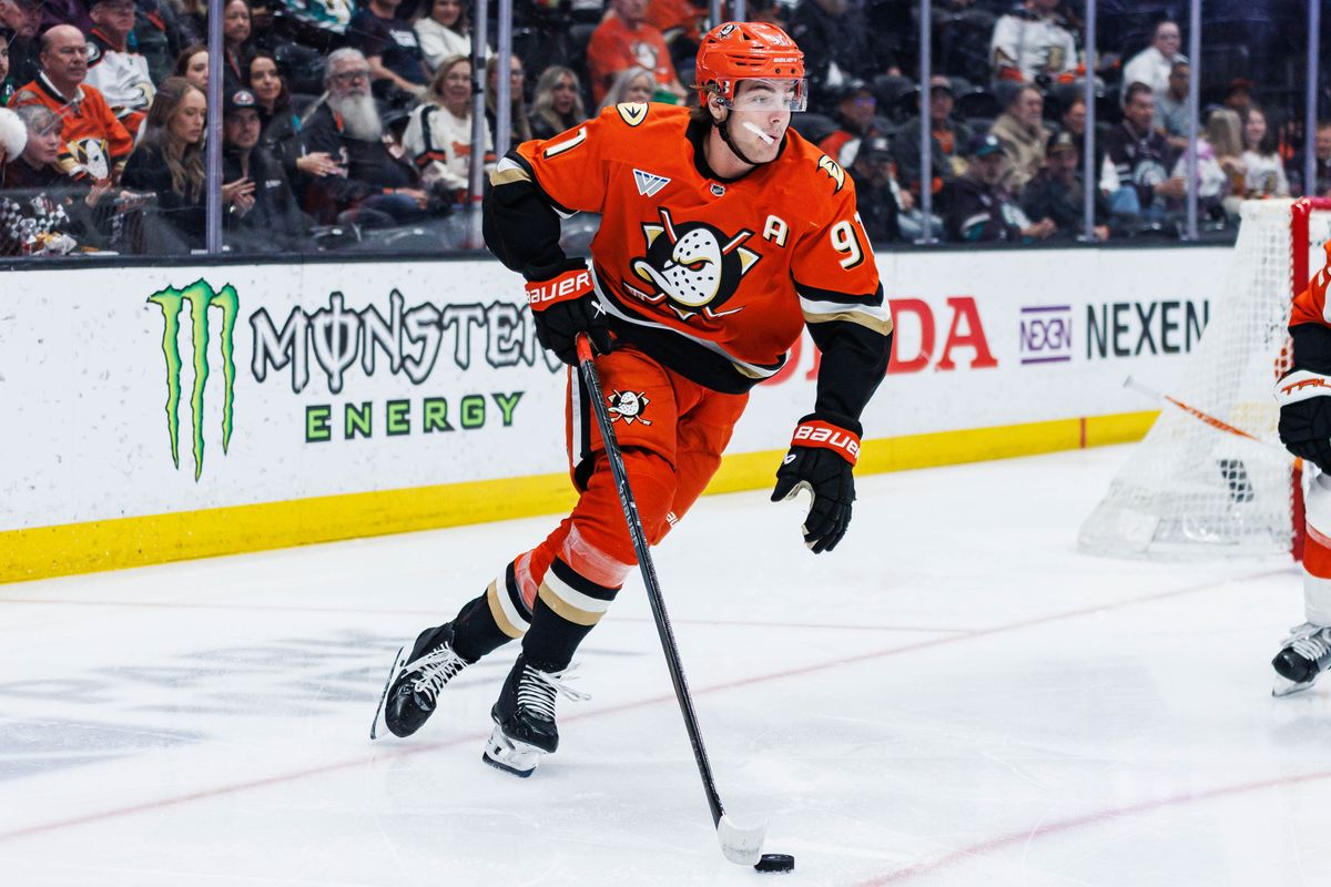 Anaheim Ducks center Leo Carlsson (#91) skates with the puck during an NHL match against the Philadelphia Flyers on March 18, 2026 in Anaheim, California.