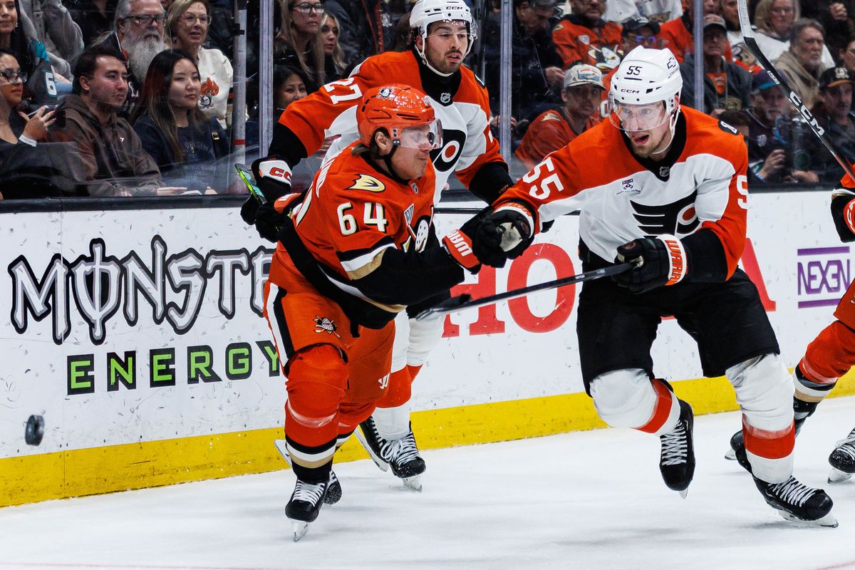 Philadelphia Flyers defenseman Rasmus Ristolainen (#55) skates towards the puck during an NHL match against the Anaheim Ducks on March 18, 2026 in Anaheim, California.