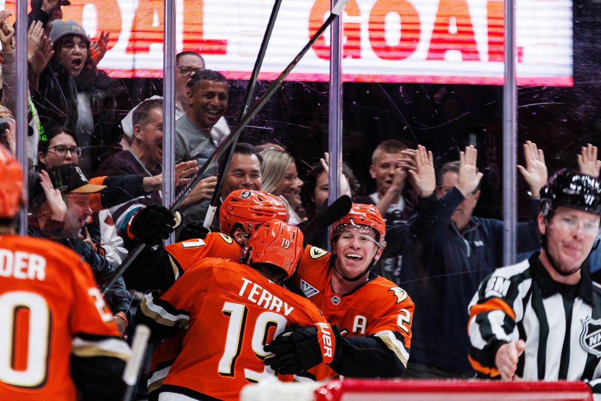Anaheim Ducks players celebrate a goal that was scored during an NHL match against the Philadelphia Flyers on March 18, 2026 in Anaheim, California.