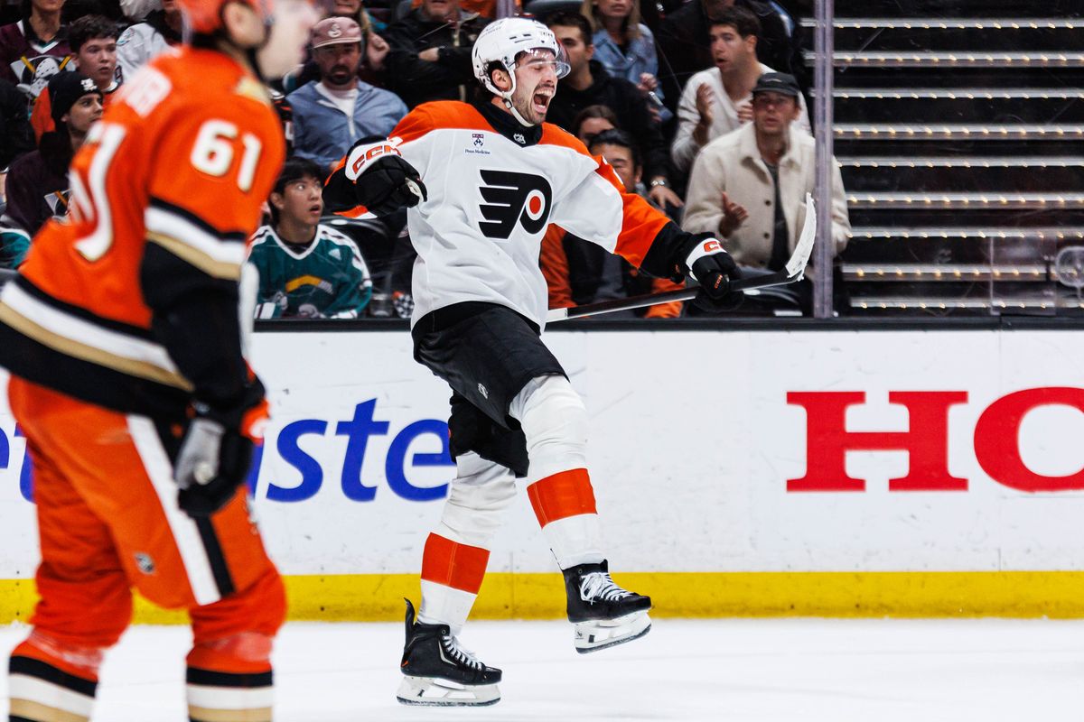 Philadelphia Flyers left wing Noah Cates (#27) celebrates after a game-winning overtime goal during an NHL match against the Anaheim Ducks on March 18, 2026 in Anaheim, California.
