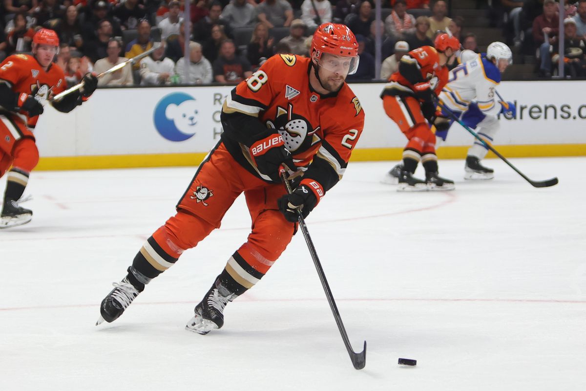 Anaheim Ducks left wing Jeffrey Viel (28) skates with the puck during an NHL game against the Buffalo Sabres on March 22, 2026 in Anaheim, CA. Anaheim Ducks left wing Jeffrey Viel (28) skates with the puck during an NHL game against the Buffalo Sabres on March 22, 2026 in Anaheim, CA.