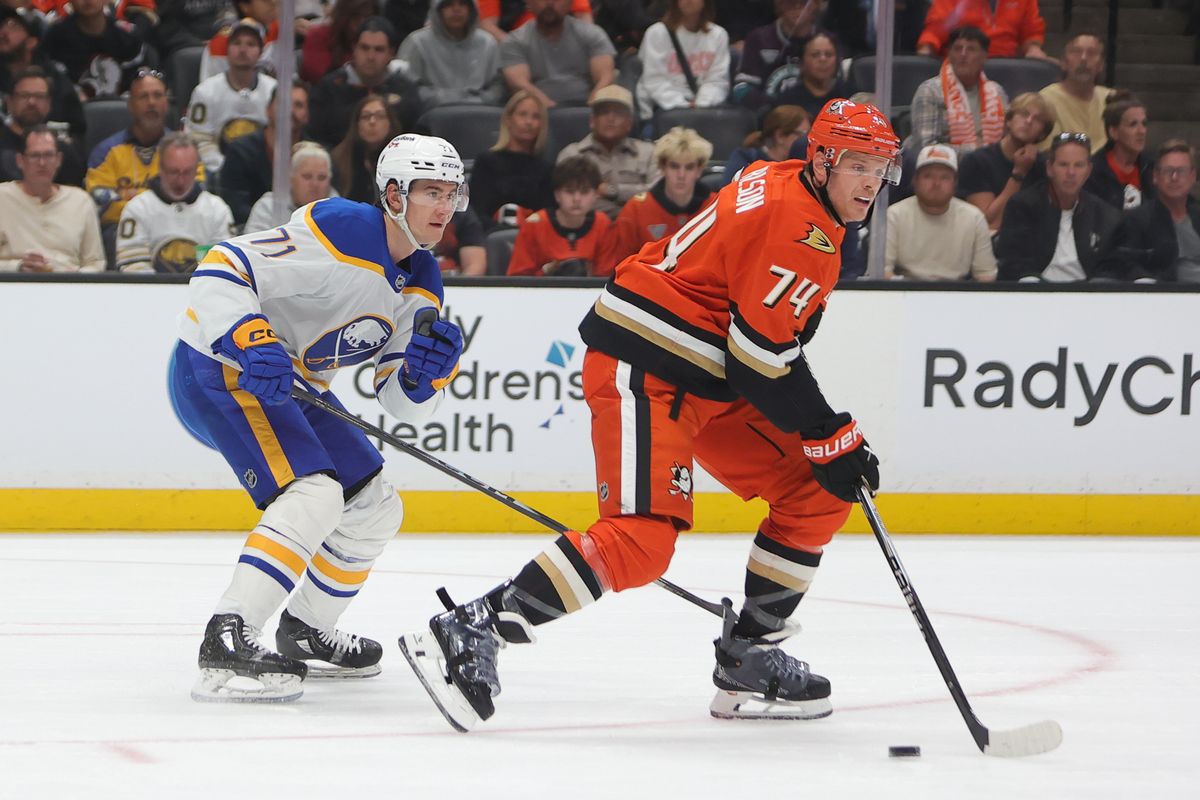 Anaheim Ducks defenseman John Carlson (74) skates with the puck during an NHL game against the Buffalo Sabres on March 22, 2026 in Anaheim, CA. Anaheim Ducks defenseman John Carlson (74) skates with the puck during an NHL game against the Buffalo Sabres on March 22, 2026 in Anaheim, CA.