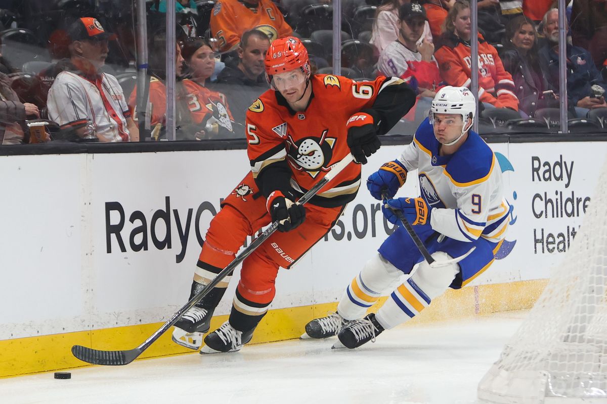Anaheim Ducks defenseman Jacob Trouba (65) skates with the puck during an NHL game against the Buffalo Sabres on March 22, 2026 in Anaheim, CA. Anaheim Ducks defenseman Jacob Trouba (65) skates with the puck during an NHL game against the Buffalo Sabres on March 22, 2026 in Anaheim, CA.