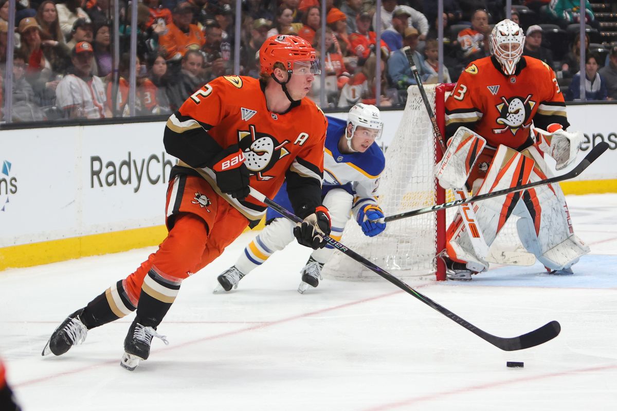Anaheim Ducks defenseman Jackson LaCombe (2) skates with the puck during an NHL game against the Buffalo Sabres on March 22, 2026 in Anaheim, CA. Anaheim Ducks defenseman Jackson LaCombe (2) skates with the puck during an NHL game against the Buffalo Sabres on March 22, 2026 in Anaheim, CA.