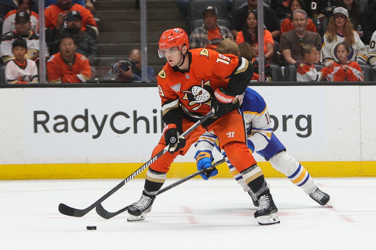 Anaheim Ducks right wing Troy Terry (19) skates with the puck during an NHL game against the Buffalo Sabres on March 22, 2026 in Anaheim, CA. Anaheim Ducks right wing Troy Terry (19) skates with the puck during an NHL game against the Buffalo Sabres on March 22, 2026 in Anaheim, CA.