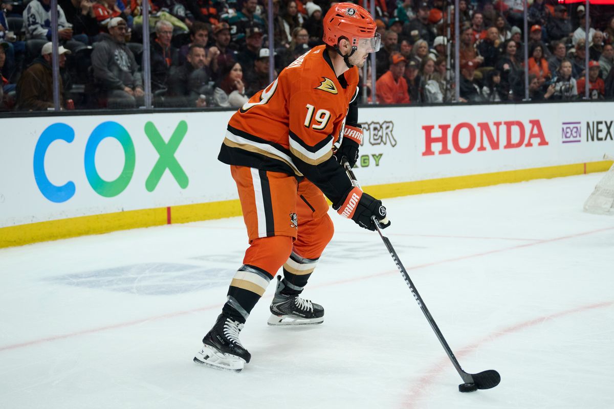 The Anaheim Ducks right wing Troy Terry (19) controls the puck during an NHL game against The Toronto Maple Leafs, March 30th, 2026 in Anaheim, California. The Anaheim Ducks right wing Troy Terry (19) controls the puck during an NHL game against The Toronto Maple Leafs, March 30th, 2026 in Anaheim, California.