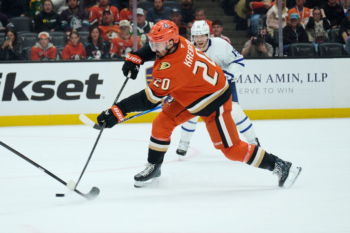 The Anaheim Ducks left wing Chris Kreider (20) shoots a goal attempt during an NHL game against The Toronto Maple Leafs, March 30th, 2026 in Anaheim, California. The Anaheim Ducks left wing Chris Kreider (20) shoots a goal attempt during an NHL game against The Toronto Maple Leafs, March 30th, 2026 in Anaheim, California.