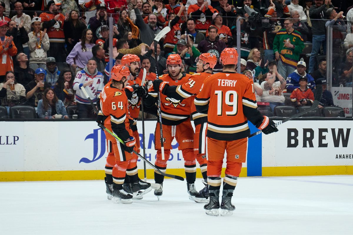 The Anaheim Ducks celebrate a goal during an NHL game against The Toronto Maple Leafs, March 30th, 2026 in Anaheim, California. The Anaheim Ducks celebrate a goal during an NHL game against The Toronto Maple Leafs, March 30th, 2026 in Anaheim, California.