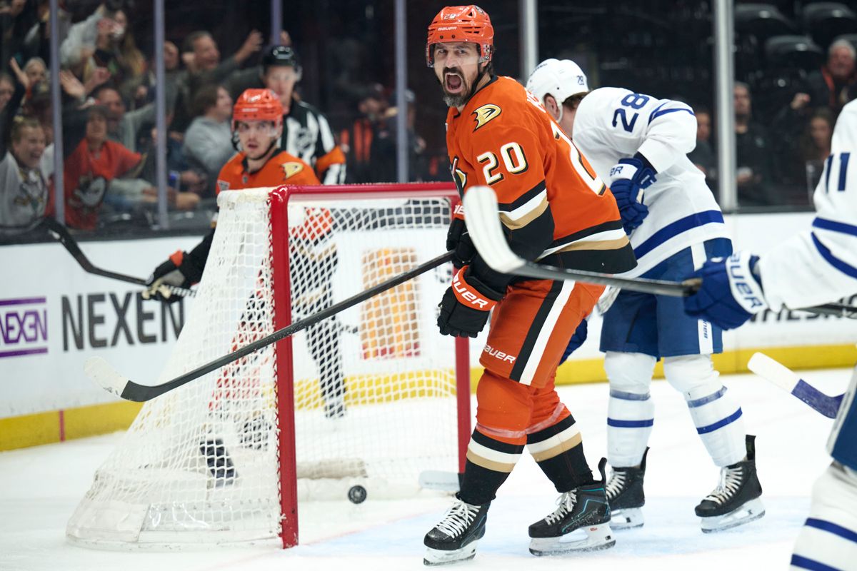 The Anaheim Ducks left wing Chris Kreider (20) celebrates a goal during an NHL game against The Toronto Maple Leafs, March 30th, 2026 in Anaheim, California. The Anaheim Ducks left wing Chris Kreider (20) celebrates a goal during an NHL game against The Toronto Maple Leafs, March 30th, 2026 in Anaheim, California.