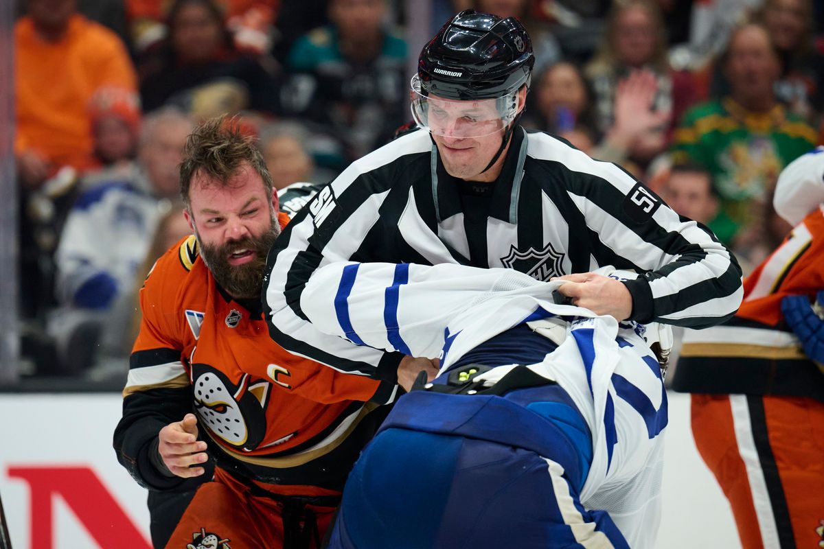 The Anaheim Ducks defender Radko Gudas (7) fights during an NHL game against The Toronto Maple Leafs, March 30th, 2026 in Anaheim, California. The Anaheim Ducks defender Radko Gudas (7) fights during an NHL game against The Toronto Maple Leafs, March 30th, 2026 in Anaheim, California.