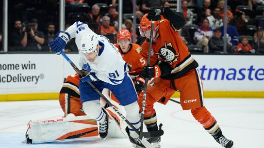 Ducks blow two-goal lead, lose Gauthier in OT loss to Maple Leafs taken at Honda Center (Anaheim Ducks). Photo by Jon Bryan - The Sporting Tribune